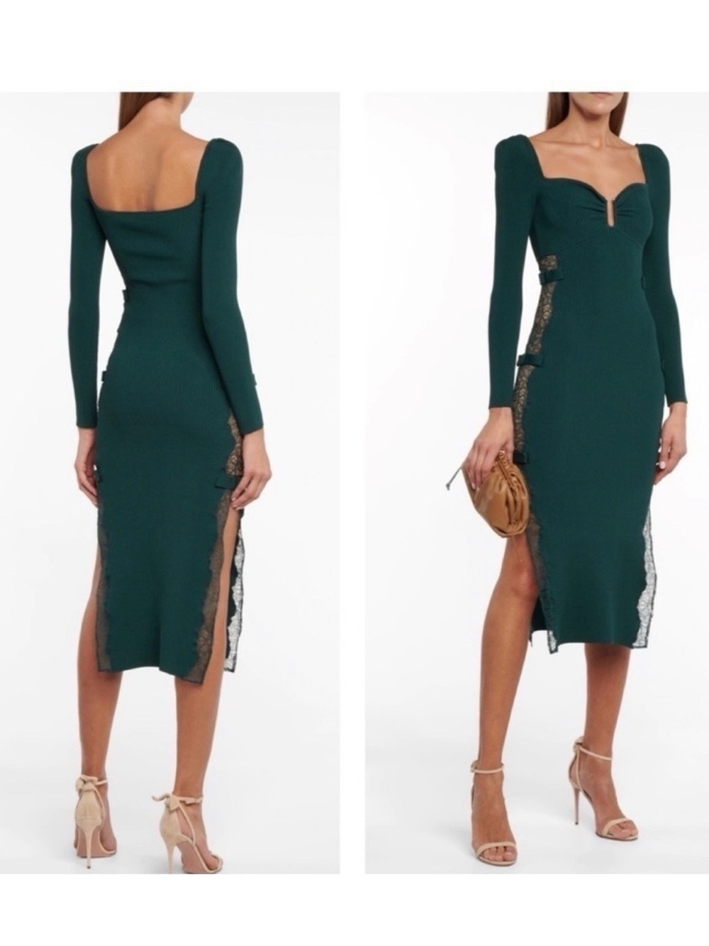 Long Sleeve Emerald Green Midi Dress with Lace Insets Self Portrait size L